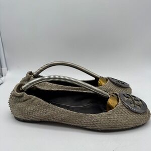 Tory Burch Taupe Textured Leather Logo Ballet Flats with Gold Accents